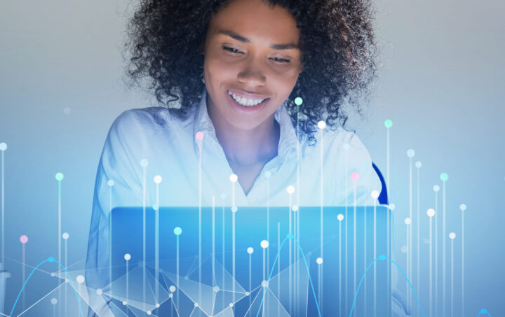 African woman with laptop, network interface